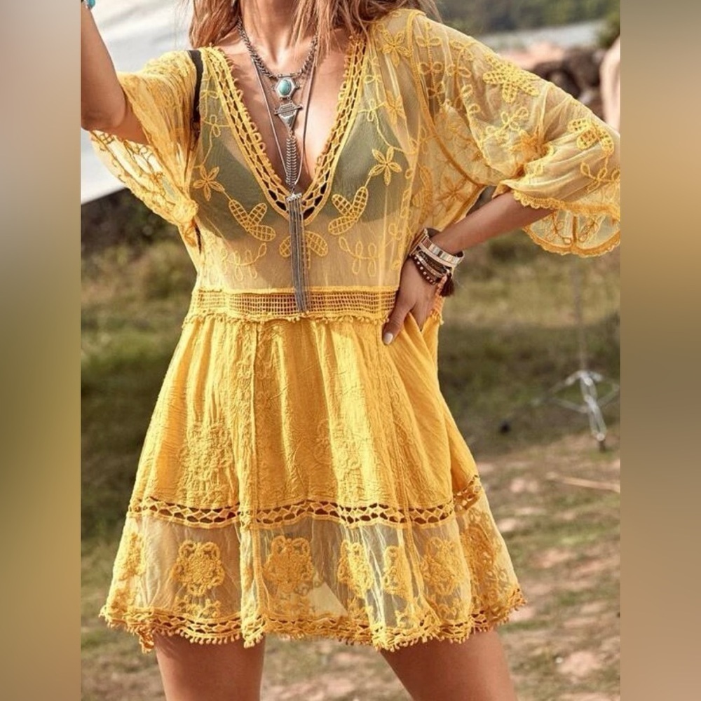 Bohemian Embroidered Floral Lace Sheer Mesh Top Swimsuit Coverup - Picture 2 of 9
